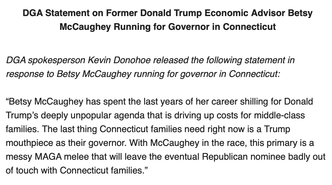kdonohoenh's tweet photo. NEW — @DemGovs on former Trump economic advisor Betsy McCaughey jumping into the MAGA melee that is the GOP #CTGov primary ⬇️ https://t.co/vgYysMjuj2