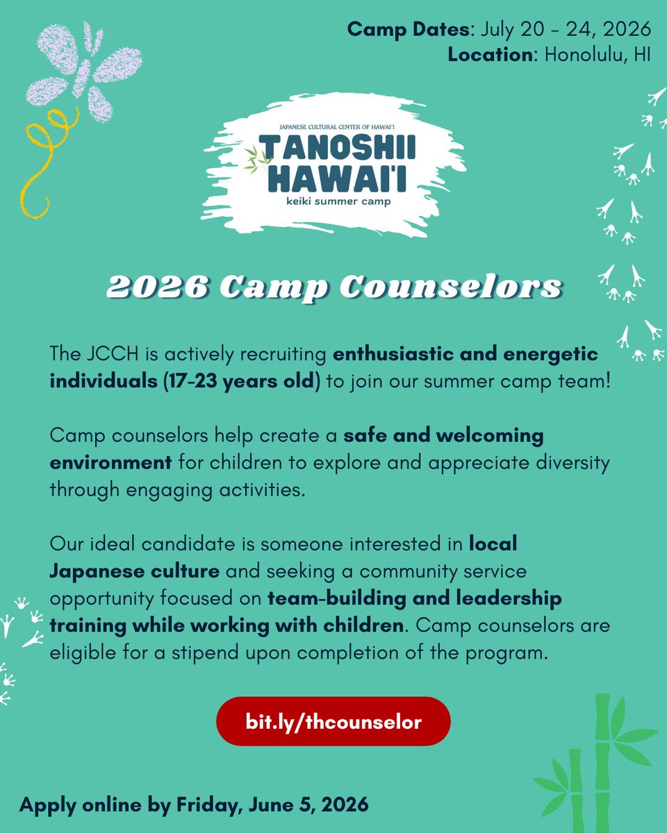 📣 Join our 2026 #TanoshiiHawaii summer camp team! We are hiring camp counselors for the JCCH's cultural week-long keiki day camp program.

➡️ Apply by Friday, June 5, 2026, at bit.ly/thcounselor