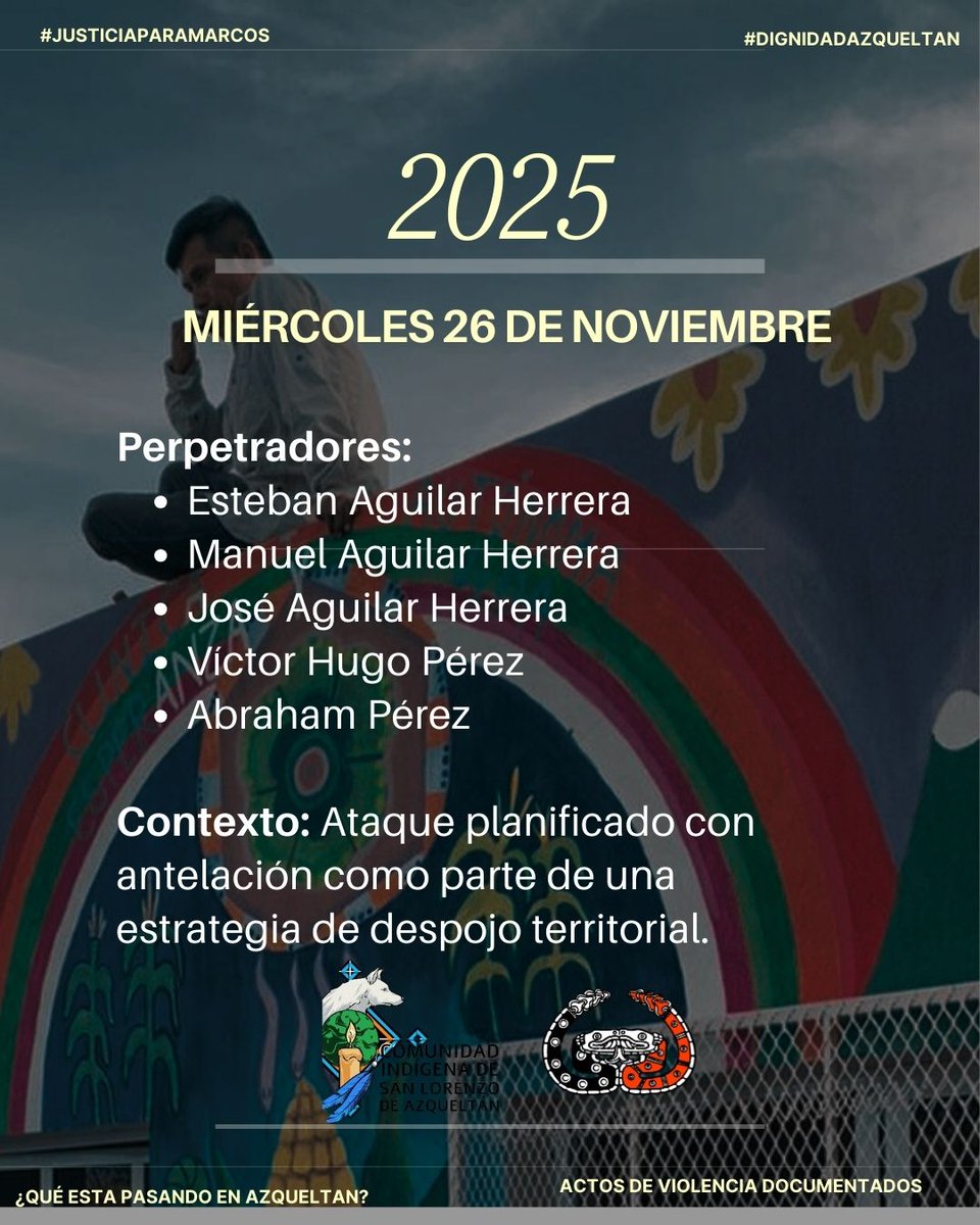 La situación que vive la comunidad indígena de San Lorenzo de Azqueltán, en el municipio de Villa Guerrero, Jalisco, ha alcanzado un punto crítico que exige una intervención inmediata del Estado.
#JusticiaparaMarcos #DignidadAzqueltan