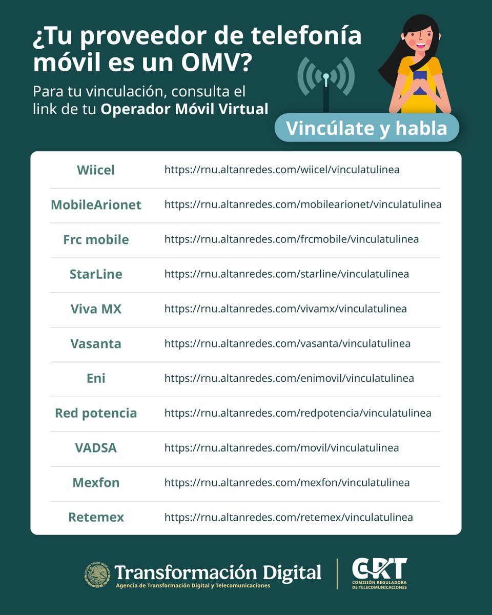 ¿Tu proveedor de telefonía móvil es un #OperadorMóvilVirtual (OMV)? 🤔

¿Quieres realizar la #Vinculación de tu línea y no sabes cómo hacerlo? 🙀

Checa esta lista #VincúlateYhabla ⤵️⤵️
🔗 goo.su/VfqMmt