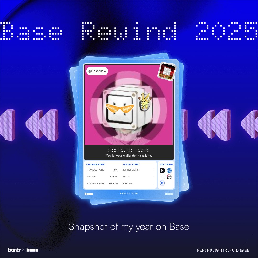 Just checked my Base Rewind 2025 by @bantr_fun!
It’s a full recap of my year on @Base.

If you want to see your own onchain + social stats from 2025, go to: rewind.bantr.fun/base