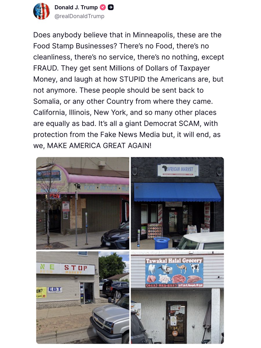 _johnnymaga's tweet image. Trump is posting images of Minnesota food stamp grocers.

This is getting good. 🔥