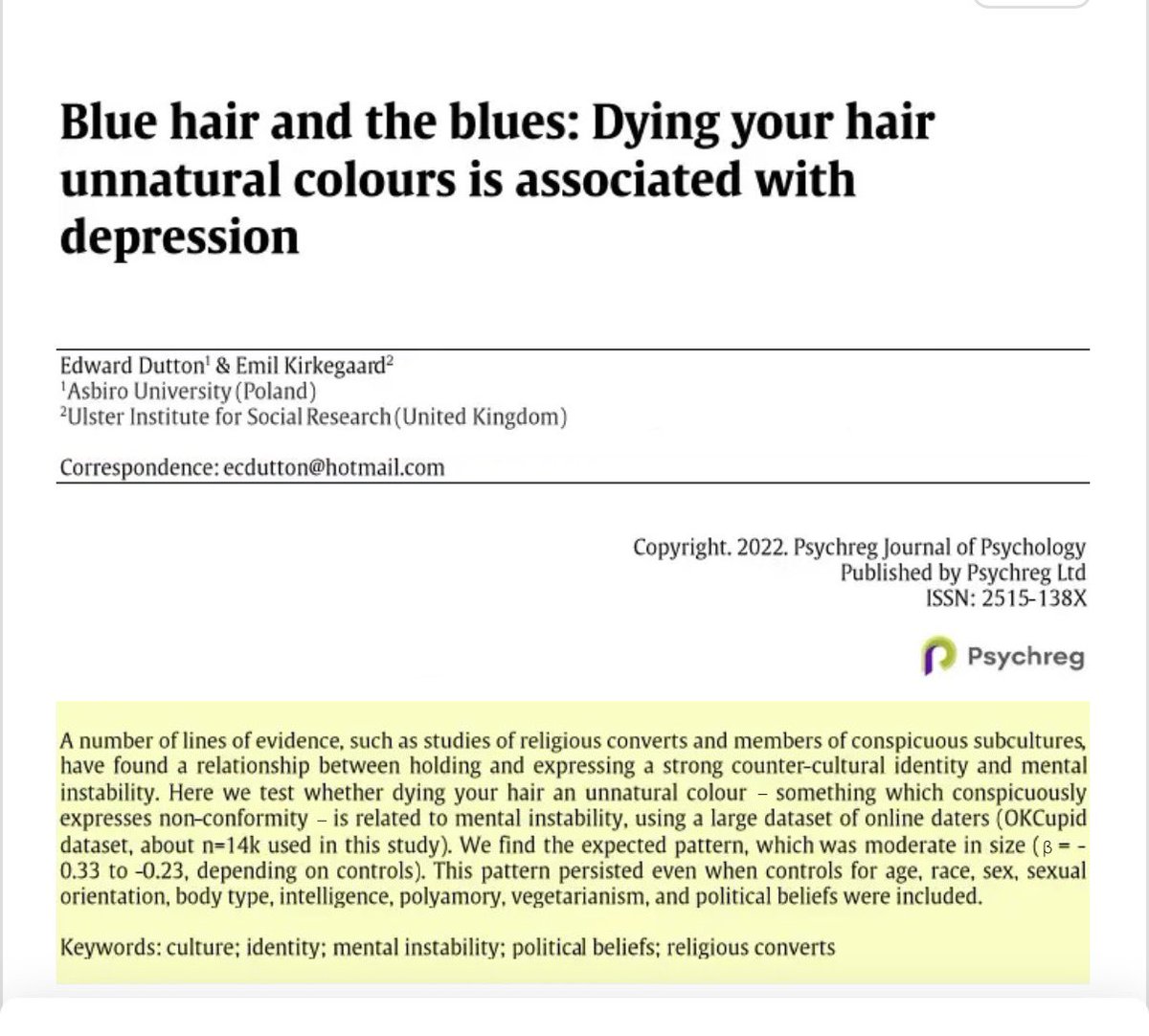 maxlugavere's tweet image. Dying your hair “unnatural colors” is associated with depression and mental instability. 

Interesting.