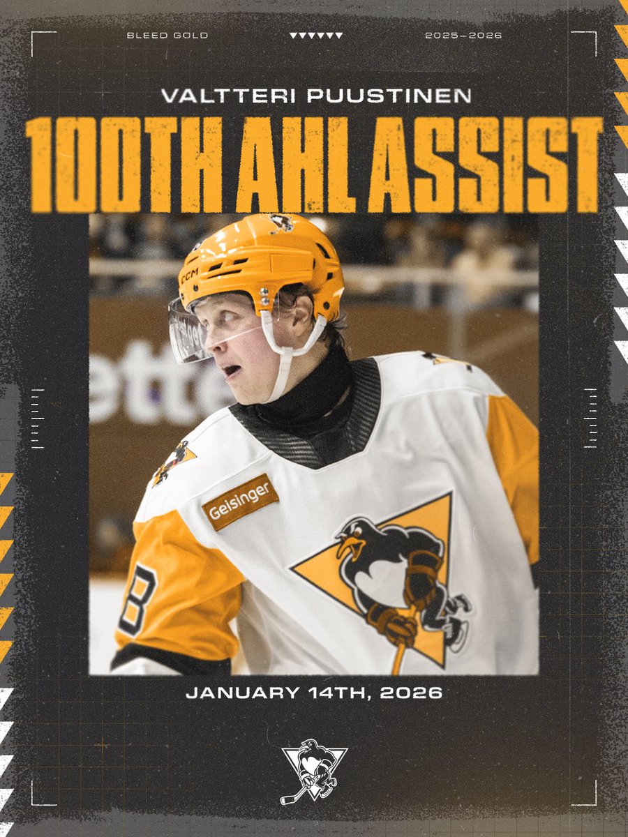 WBSPenguins's tweet image. With his assist on Tristan Broz’s goal tonight, Valtteri Puustinen collects his 100th AHL 🍎
