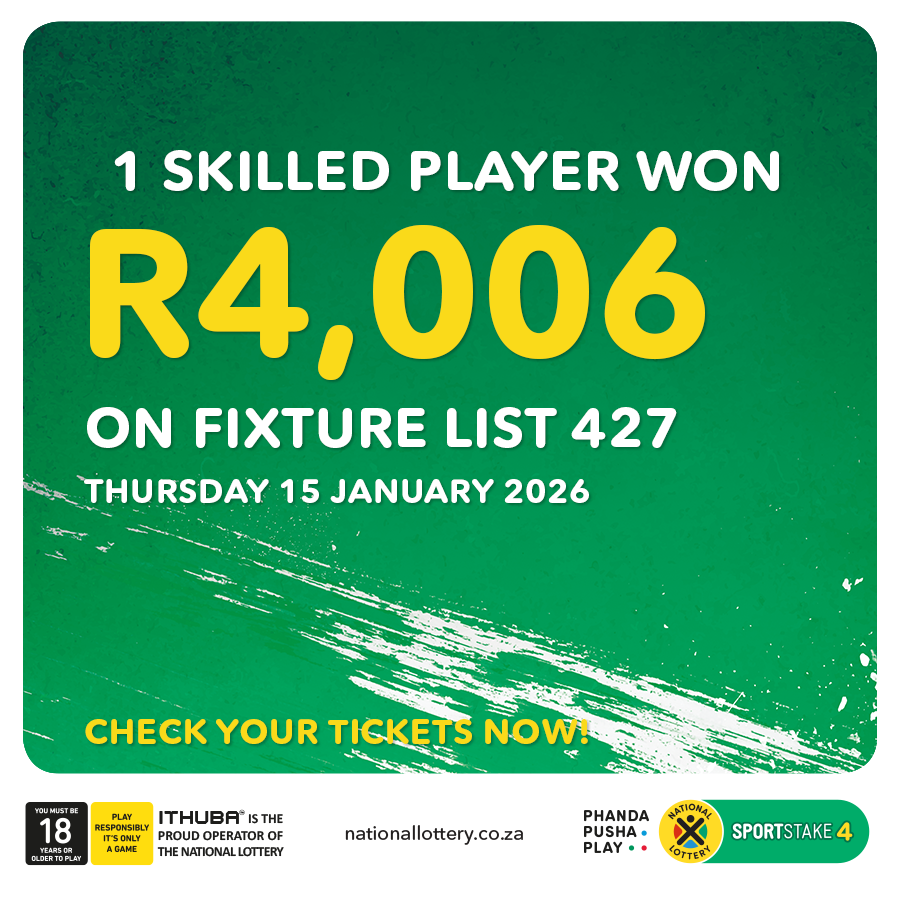 sa_lottery26's tweet photo. Here are the #SPORTSTAKE4 #FixtureResults, #Dividends for list 427 & #Fixturelist 428 with an estimated Jackpot of R5,000. Congratulations to the winner of R4,006. You are #InjaYeGame.
Players must be 18 years or older, play responsibly. https://t.co/l3Oh8t5jbD