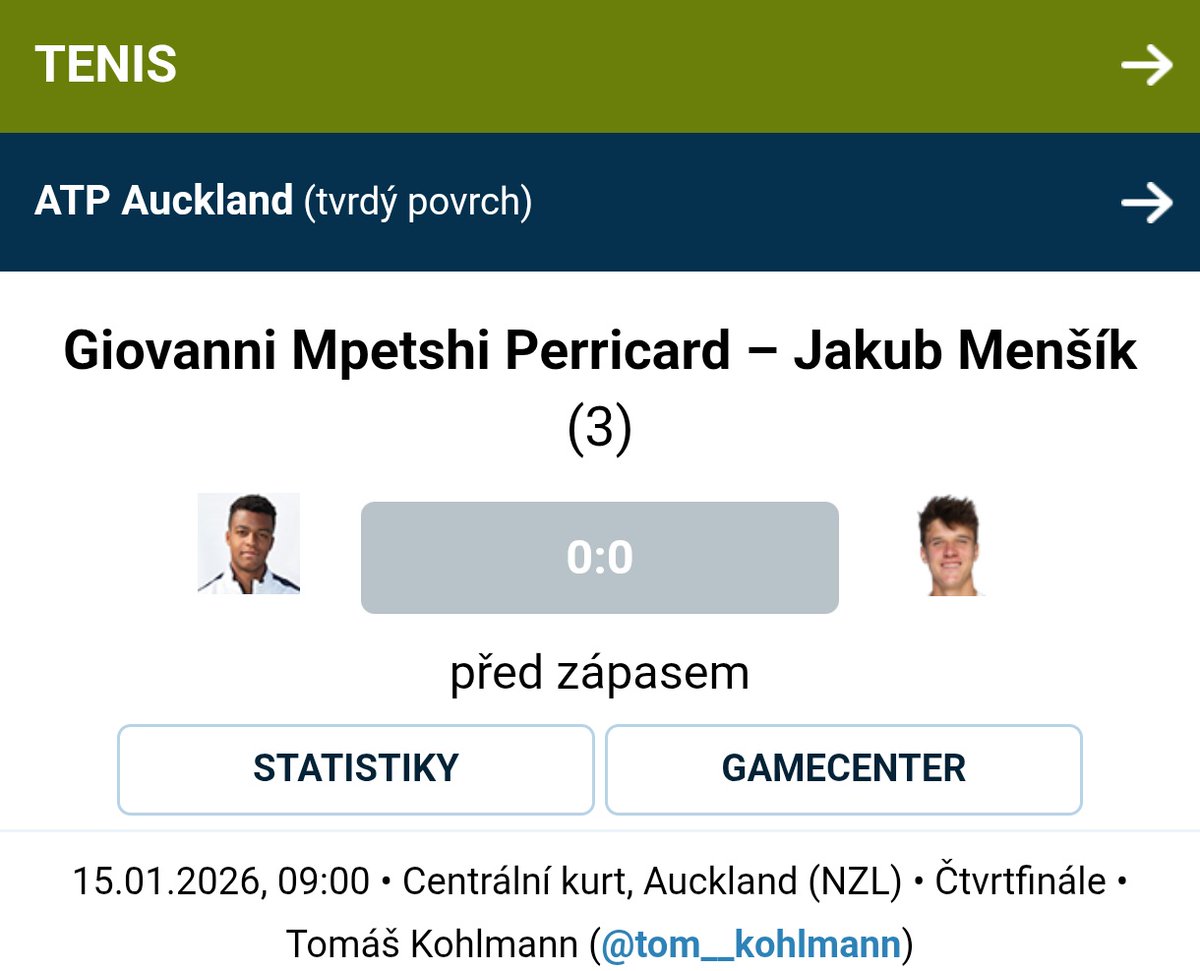 🎾 Tenis | Čtvrtfinálové utkání na turnaji ATP v novozélandském Aucklandu nabídne souboj dvou skvělých servismanů. Jakub Menšík vyzve Giovanniho Mpetshiho Perricarda z Francie. Onlajn přenos najdete ⤵️ 1url.cz/BJAvP
#Onlajny_com #ATPAuckland