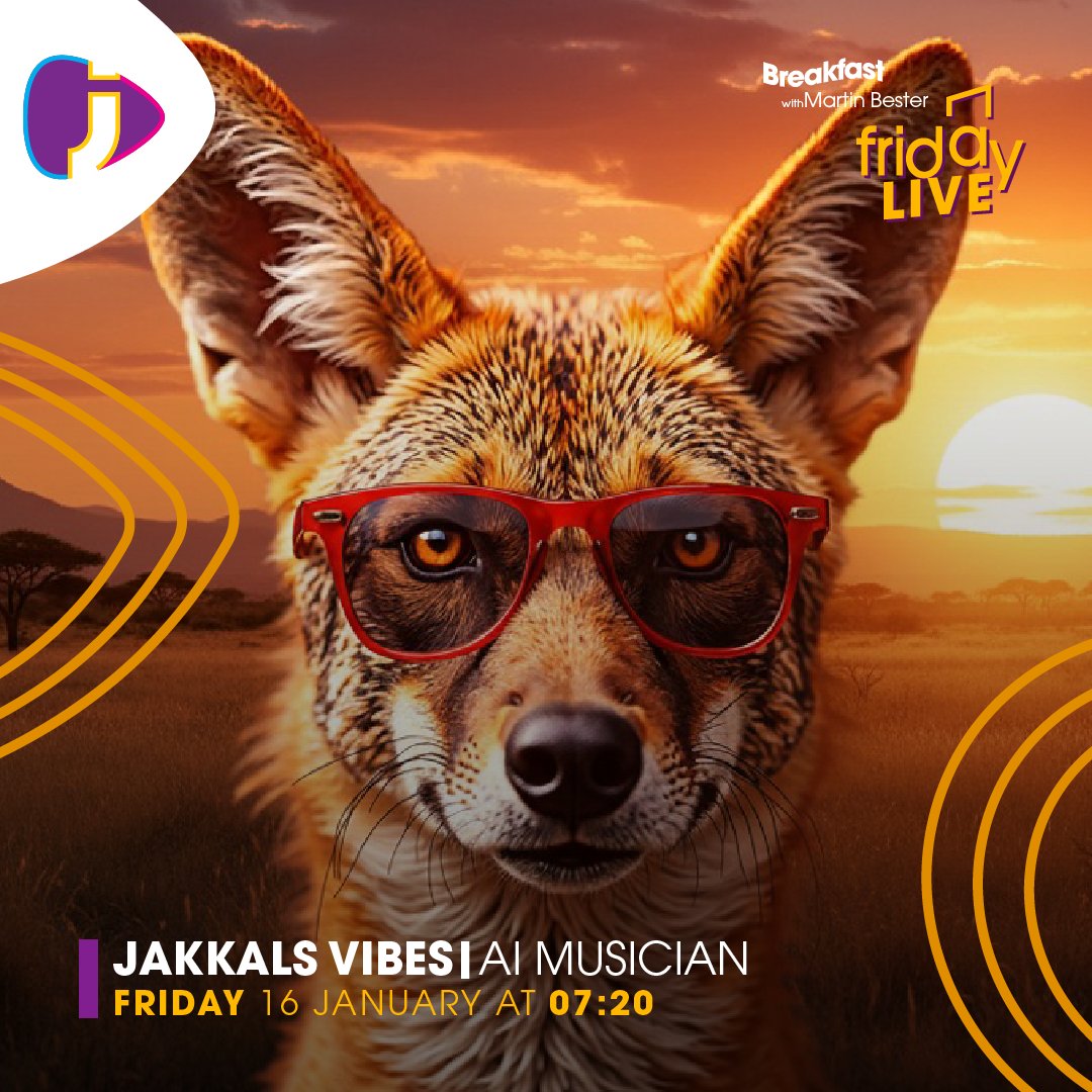 jacarandafm's tweet image. It's a one-of-a-kind Friday Live this Friday, 16 January, on Breakfast with Martin Bester.

Tune in for a performance from AI musician Jakkals Vibes 🦊

📻: 94.2
📱: Jacaranda FM App
💻: jacarandafm.com
📺: DStv 858/ OpenView 602

#BreakfastWithMartinBester #FridayLive