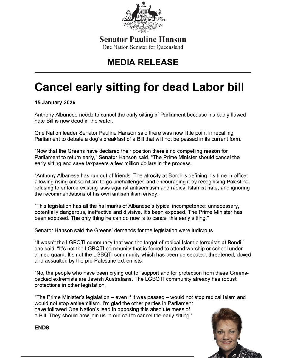 PaulineHansonOz's tweet image. Media Release: Cancel early sitting for dead Labor bill
 
Anthony Albanese needs to cancel the early sitting of Parliament because his badly flawed hate Bill is now dead in the water.
 
One Nation leader Senator Pauline Hanson said there was now little point in recalling…