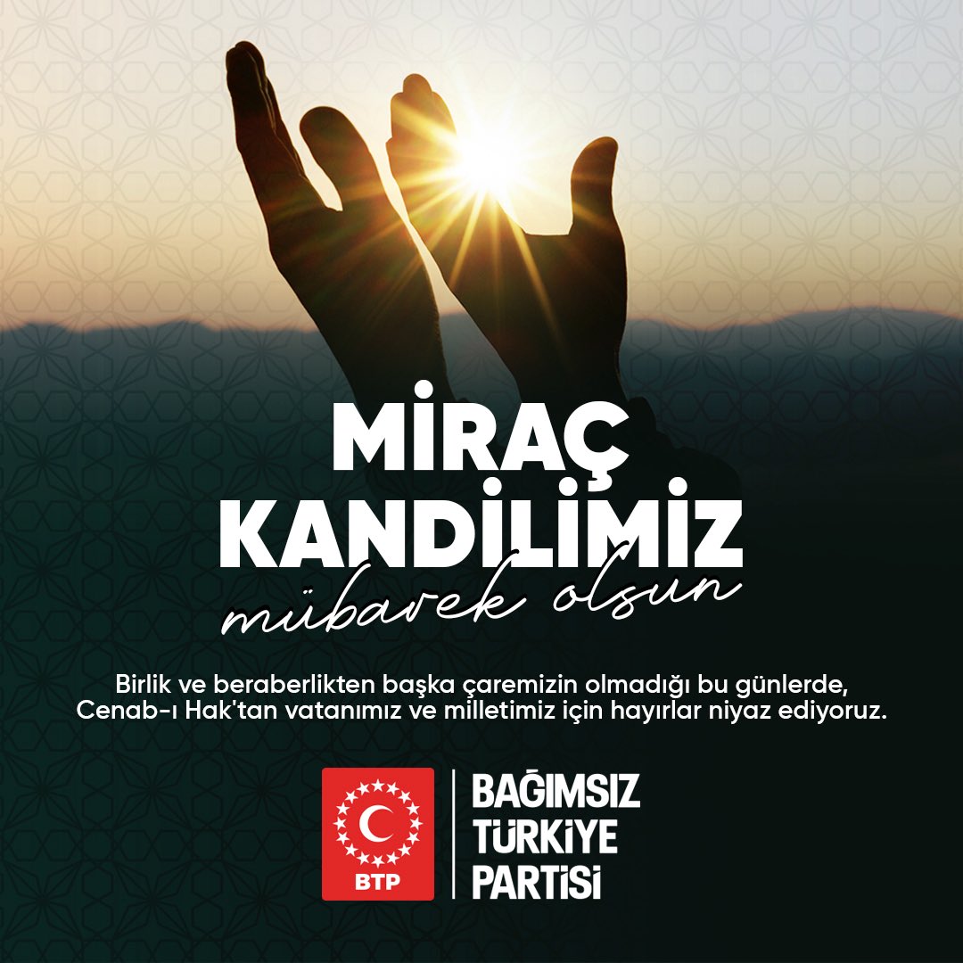 Miraç Kandilimiz mübarek olsun.
Bu mübarek gecenin; milletimize birlik, beraberlik, huzur ve bereket getirmesini temenni ediyoruz.
