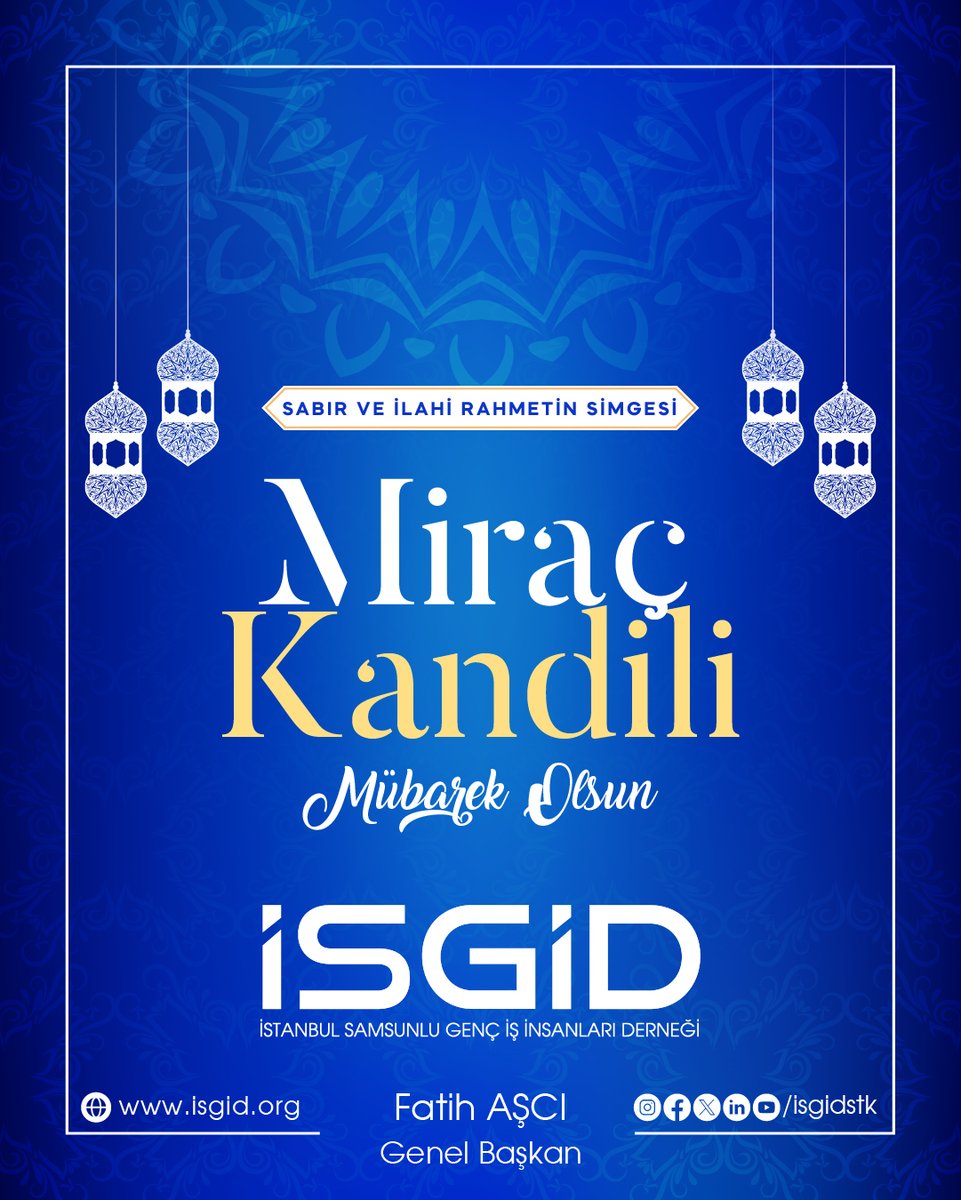 Bu mübarek gecenin mucizesinin kalplerimize ferahlık, hanelerimize bereket ve dünyamıza barış getirmesi dileğiyle... Miraç Kandilimiz mübarek olsun.

<a href="/fthasci/">Fatih Aşcı</a> 
İSGİD Genel Başkanı

#isgid #Üçaylar #MiraçKandili #MiraçGecesi #Kandil