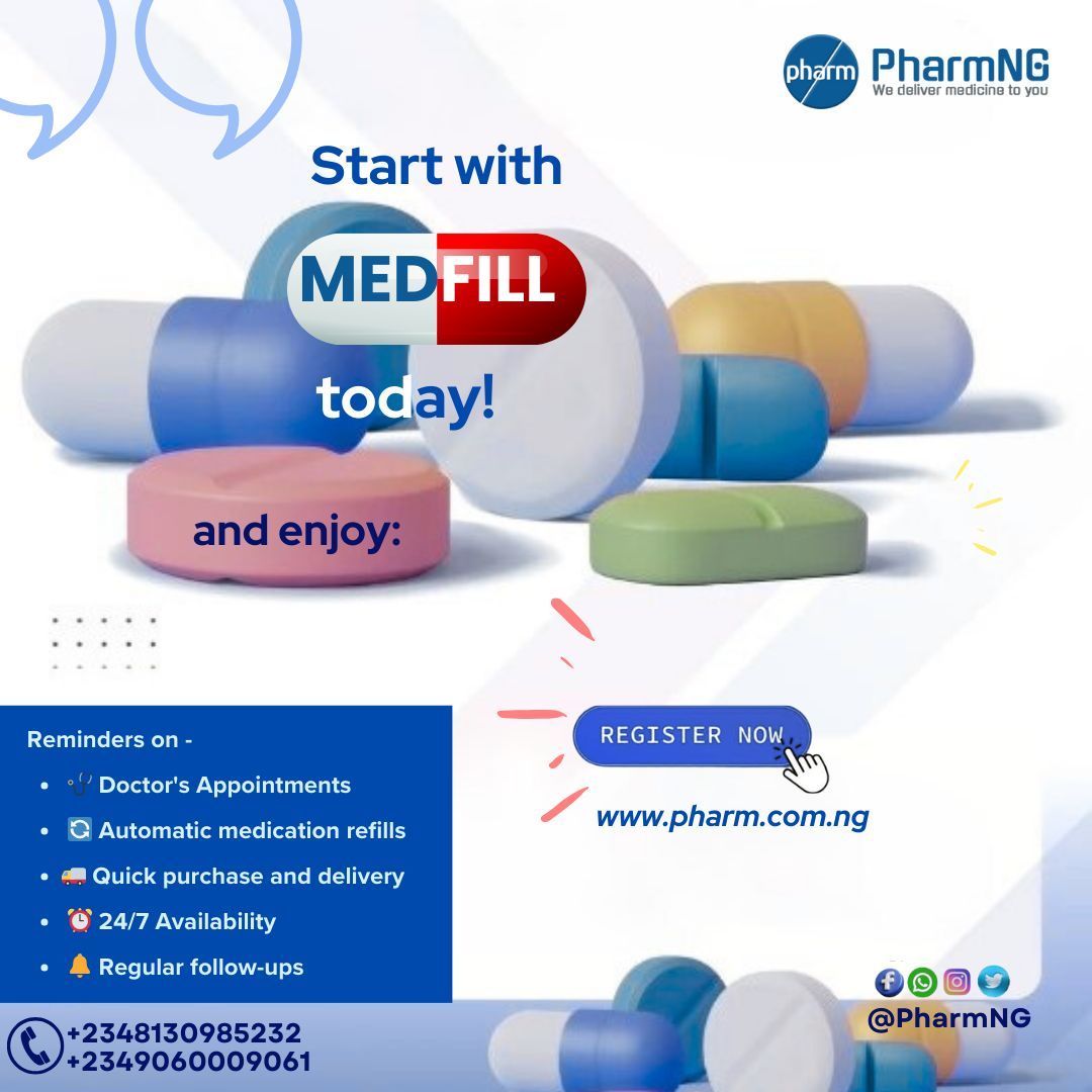 PharmNG's tweet photo. Start with MEDFILL today and enjoy stress-free medication management!
โ
Automatic refills
โ
Doctorโs appointment reminders
โ
24/7 availability
โ
Regular follow-ups
Your health, made easier.
#Medfill #PharmNG #HealthcareMadeEasy #StayHealthy #HealthSimplified https://t.co/7BJxx0gWVs