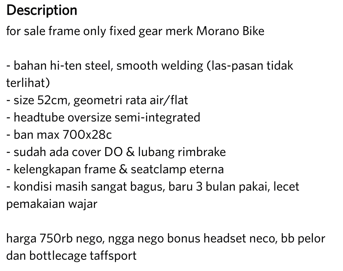 candiredjo's tweet photo. for sale frame single speed Morano Bike
lokasi jogja, bisa kirim²
#fnfjb https://t.co/SvAXJKw5rG