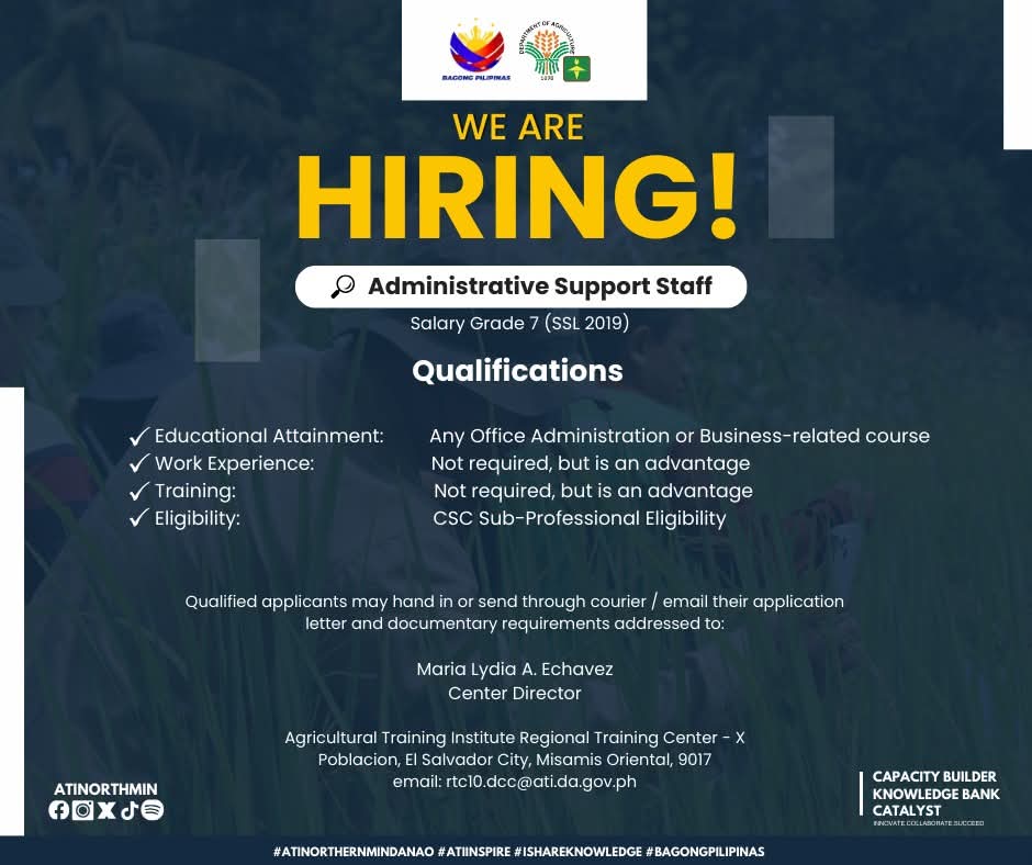 atinorthmin's tweet image. 🔎𝐖𝐞 𝐚𝐫𝐞 𝐡𝐢𝐫𝐢𝐧𝐠 
𝐀𝐃𝐌𝐈𝐍𝐈𝐒𝐓𝐑𝐀𝐓𝐈𝐕𝐄 𝐒𝐔𝐏𝐏𝐎𝐑𝐓 𝐒𝐓𝐀𝐅𝐅 - Contract of Service

𝐃𝐄𝐓𝐀𝐈𝐋𝐒 👇🏻
facebook.com/share/p/1Kpfc1…

#atinorthernmindanao
#iShareKnowledge
#ATIinspire
#BagongPilipinas
#hiring