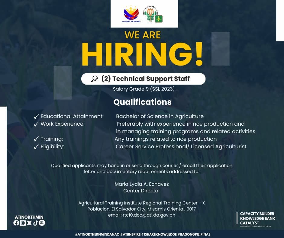 atinorthmin's tweet image. 🔎𝐖𝐞 𝐚𝐫𝐞 𝐡𝐢𝐫𝐢𝐧𝐠 
𝟐 𝐓𝐞𝐜𝐡𝐧𝐢𝐜𝐚𝐥 𝐒𝐮𝐩𝐩𝐨𝐫𝐭 𝐒𝐭𝐚𝐟𝐟 - Contract of Service
(𝚏𝚘𝚛 𝚝𝚑𝚎 𝚁𝚒𝚌𝚎 𝙿𝚛𝚘𝚐𝚛𝚊𝚖)

𝐑𝐄𝐐𝐔𝐈𝐑𝐄𝐌𝐄𝐍𝐓𝐒 👇🏻
facebook.com/share/p/1C2Nk9…

#atinorthernmindanao
#iShareKnowledge
#ATIinspire
#BagongPilipinas
#hiring