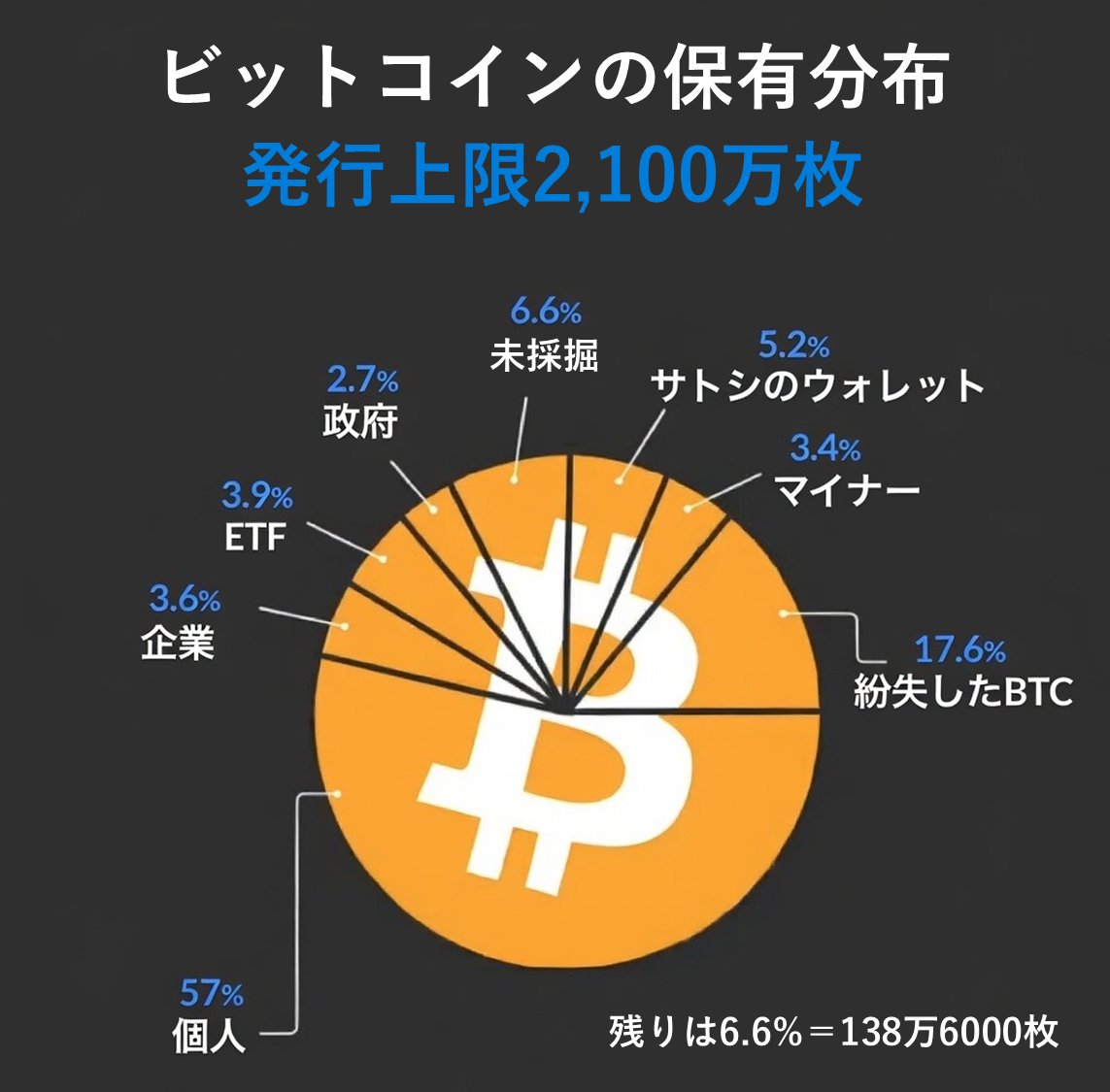 ビットコインって発行枚数上限までもう残り6.6%＝138万6000枚しかないんだよね  これが全て誰かの手に渡れば、もうマイニングもできないし、誰かが売ってくれない限り、買って持てなくなる
