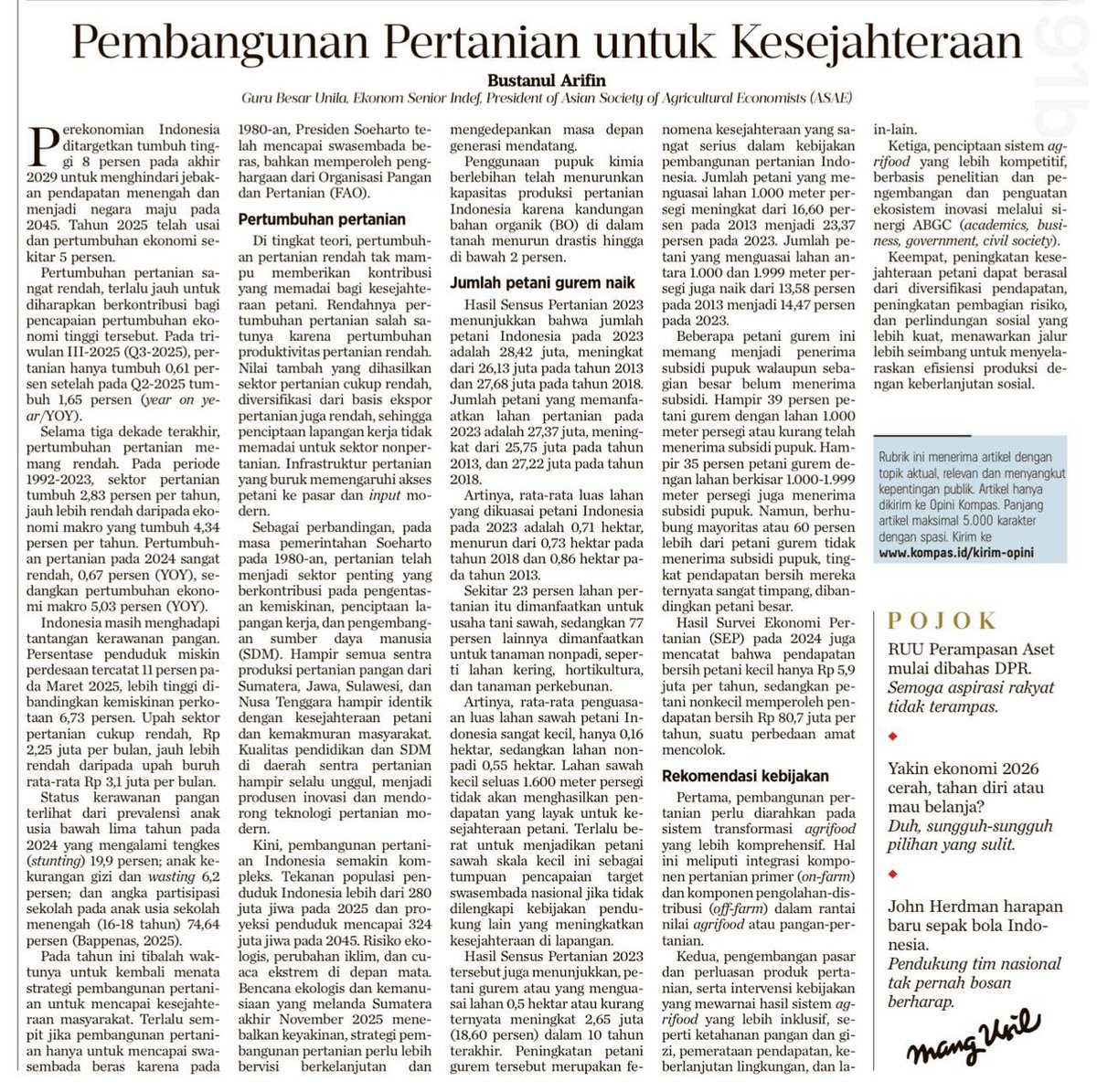 Jika berkenan membaca, saya hari ini menulis artikel “Pembangunan Pertanian untuk Kesejahteraan” di Kompas 15 Januari 2026. Saran dan komentar ditunggu.

kompas.id/artikel/pemban…