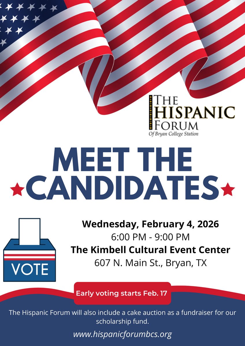 Meet the candidates! Win a cake! Win! Win!

The Hispanic Forum of BCS hosts one of the best forums &amp; this year, it’s at @The Kimbell on February 4 from 6-9 pm.

Hope to meet you there! Come on out!