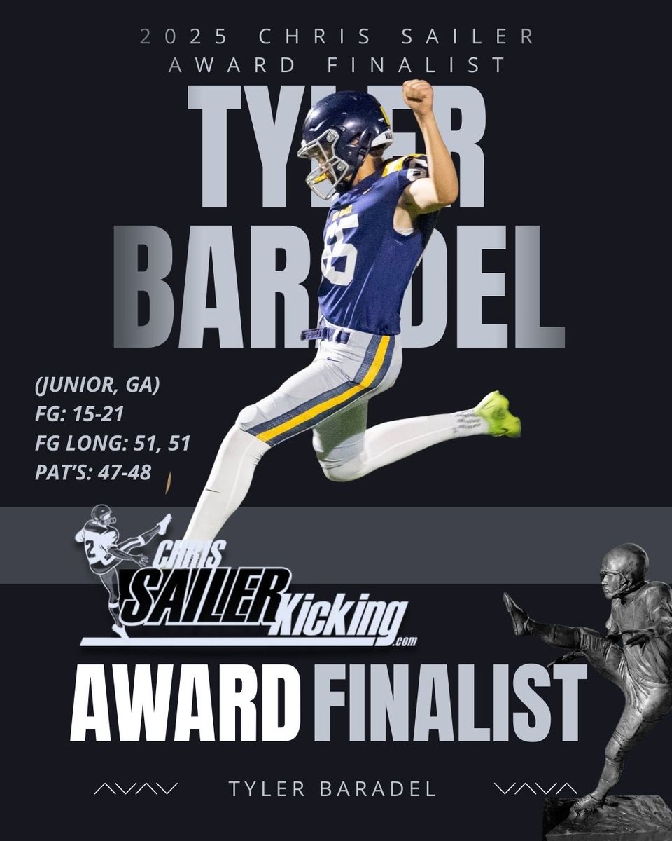 Chris_Sailer's tweet image. The 3 Finalists for the 2025 Chris Sailer Award, presented to the High School Placekicker of the Year are…

Luke Crudgington @LukeCrudgington 
Spencer Chappell @ChappellSpencer 
Tyler Baradel @TylerBaradel 

The Winner will be announced this Saturday, January 17th!