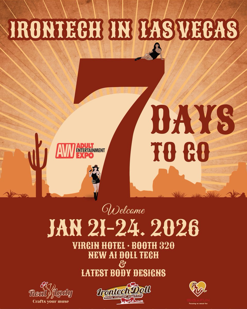 Realladydoll's tweet photo. 🔥Vegas is calling.
🎉7 days to go！

Irontech Doll × Real Lady × Sigafun
Join us at AVN Adult Entertainment Expo

🗓 Jan 21–24, 2026
📍Virgin Hotel · Booth 320
✨ New AI Doll Tech
✨ Latest Body Designs

#avn #irontech #irontechdoll #reallady #realladydoll #sigafun #dollcollection #dollcollector #dollmaker #dollmakeup #realdolls
