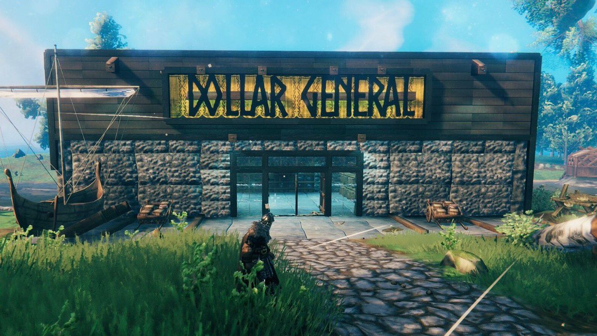 Dexerto's tweet image. User 'GregtheSorcerer' is going viral for building a Dollar General and Waffle House in Viking-inspired survival game Valheim