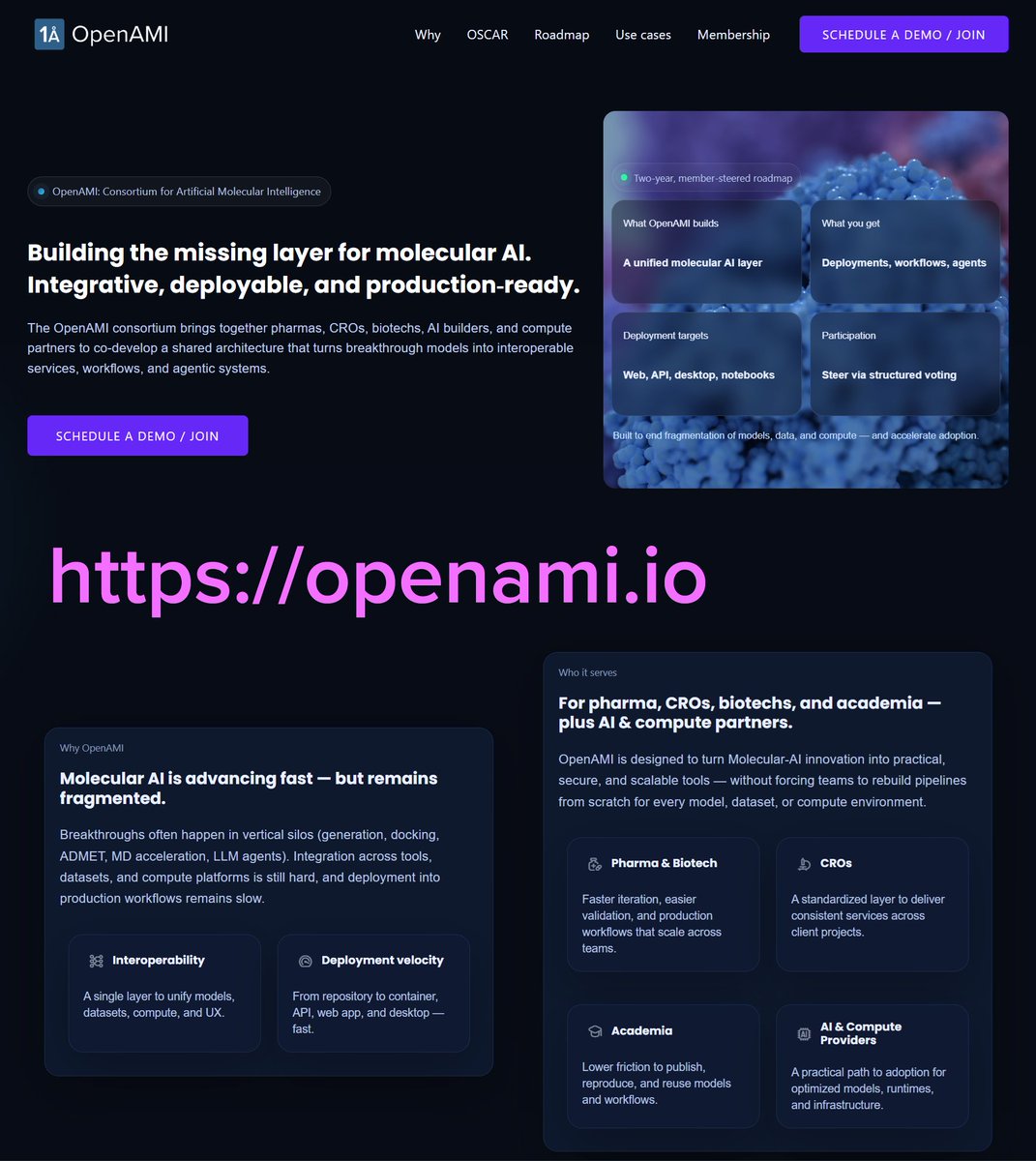 🚀 Today, we are launching OpenAMI (Open Artificial Molecular Intelligence) — a new consortium to build the missing layer for molecular AI and make it instantly deployable, interoperable, and production-ready.

⚡️Molecular AI is moving fast — but most teams still hit the same