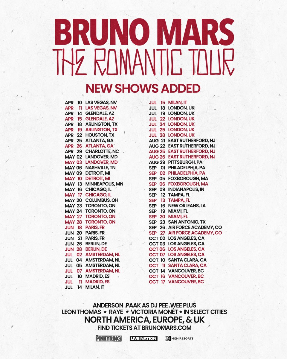 LiveNation's tweet image. Bruno Mars has added 31 new shows to The Romantic Tour! Tickets go on sale TOMORROW, January 15th at 12 PM local time: livemu.sc/BrunoMars2026.