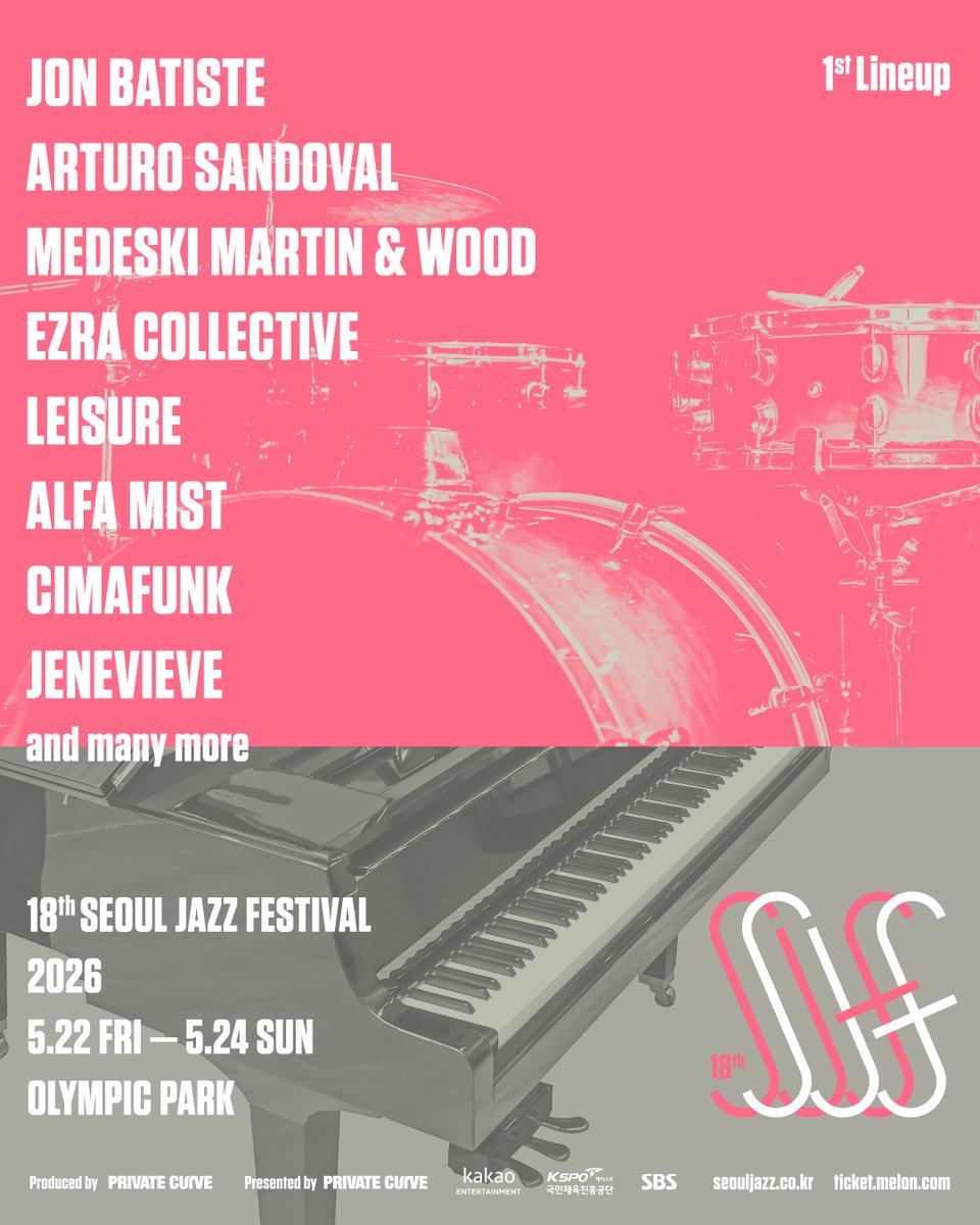 SeoulJazzFest's tweet photo. [The 18th Seoul Jazz Festival 2026]
#SJF26_INFO | 1차 라인업 공개&얼리버드 티켓 오픈 안내

제18회 서울재즈페스티벌2026 1차 라인업
총 8팀을 공개합니다. 🎶

▸ 존 바티스트(Jon Batiste) 
▸ 아투로 산도발(Arturo Sandoval) 
▸ 메데스키 마틴 앤 우드(Medeski Martin & Wood) 
▸ 에즈라 콜렉티브(Ezra Collective) 
▸ 레저(LEISURE) 
▸ 알파 미스트(Alfa Mist) 
▸ 시마펑크(Cimafunk) 
▸ 제네비브(Jenevieve) 

𝘢𝘯𝘥 𝘮𝘢𝘯𝘺 𝘮𝘰𝘳𝘦

················································

▶ 얼리버드 티켓(3일권) : 410,000원(ID 당 2매 제한)
▶ 예매처 : 멜론티켓(https://t.co/KMSkZ2nfI8)
▶ 얼리버드 티켓 예매기간 :
1월 20일(화) 오후 12시 - 1월 26일(월) 오후 11시 59분
 📌 얼리버드 티켓은 한정 수량 판매되며 조기 매진될 수 있습니다.
 📌 공연 관련 상세 안내사항은 멜론티켓 페이지에서 확인해 주세요.
 📌 안내사항은 지속적으로 업데이트됩니다. 수시로 확인해 주세요.
 
▶ Early Bird Tickets(3-day pass) : KRW 410,000(limit 2 per person)
▶ Booking : Melon Ticket(https://t.co/vpjDW9XYuY)
▶ Early Bird Tickets on Sale :
Tue, Jan 20, 12:00 PM – Mon, Jan 26, 11:59 PM
 📌 Early Bird Tickets are limited and may sell out early.
 📌 Visit Melon Ticket for detailed information.
 📌 Please check regularly for updates to follow.

················································

[제18회 서울재즈페스티벌 2026]
▶ 일정 : 2026년 5월 22일(금) - 24일(일)
▶ 장소 : 올림픽공원
 
[The 18th Seoul Jazz Festival 2026]
▶ Date : Fri, May 22 - Sun, May 24, 2026
▶ Venue : Olympic Park