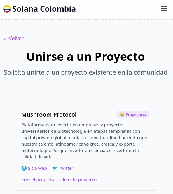 From zero to Mainnet. Welcome to the <a href="/solana_colombia/">Solana Colombia 🇨🇴</a> website, a hub focused on connecting Solana builders (mainly from LATAM) to publish their projects.

<a href="/MushromProtocol/">Mushroom Protocol</a> is already registered. What about yours?

Link: solanacolombia.com