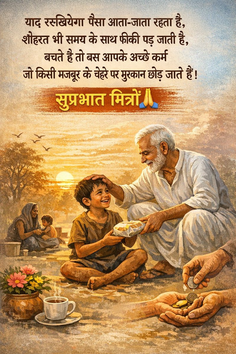 याद रखियेगा पैसा आता-जाता रहता है,
शोहरत भी समय के साथ फीकी पड़ जाती है,
बचते है तो बस आपके अच्छे कर्म
जो किसी मजबूर के चेहरे पर मुस्कान छोड़ जाते हैं।

सुप्रभात मित्रों 🙏