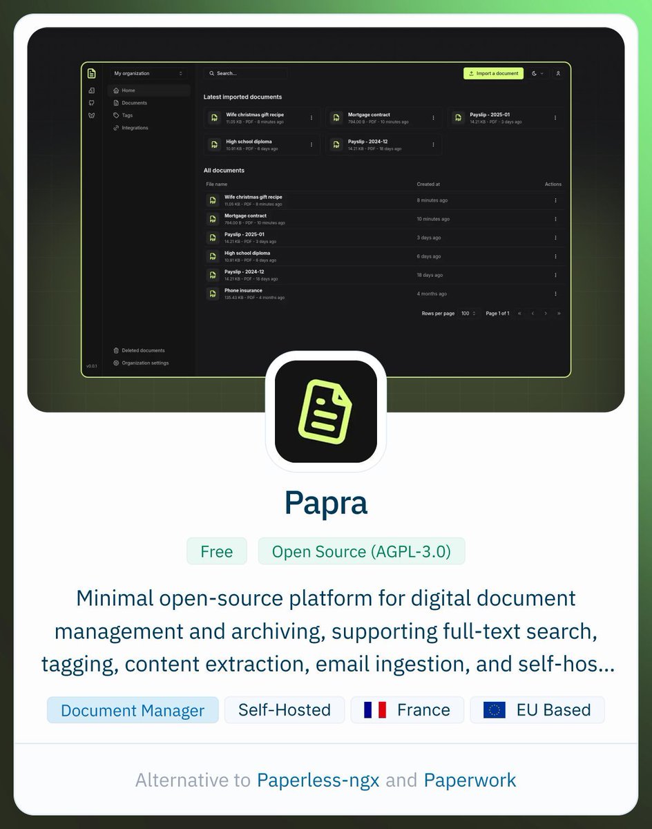 Free open-source, self-hosted document management platform with OCR, tags, CLI and email import alternativeto.net/software/papra… by <a href="/cthmsst/">Corentin - corentin.tech</a>