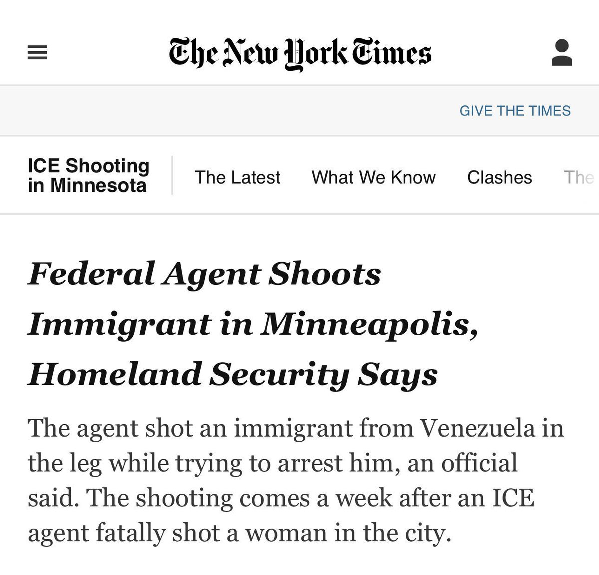 BillMelugin_'s tweet image. This is the headline NYT went with for the ICE shooting in MN. No mention of alleged shovel attack, multiple suspects involved in alleged attack, legal status of the targeted illegal alien, etc. 

nytimes.com/2026/01/14/us/…