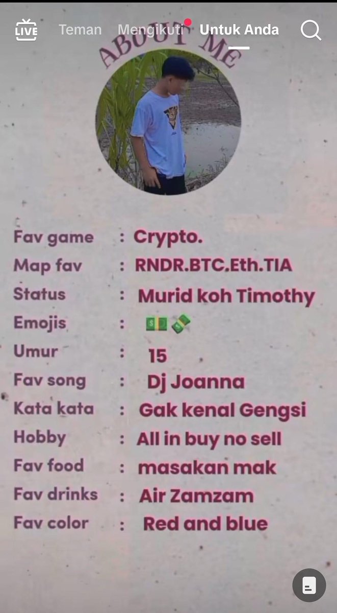 teringat...

fav game: crypto
status: murid koh timothy
hobby: all in buy no sell