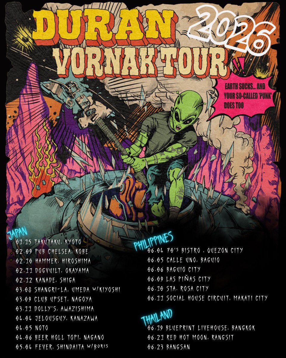 ⚠️ VORNAK TOUR ⚠️
🔥 本日の公演 / Today's Show

✞ 2026.01.15 -京都 磔磔 /  Kyoto
open 18：30 / start 19：00

🎫当日券有 / Tickets available at the door

More Info ⛓️ duranofficial.com/tour/