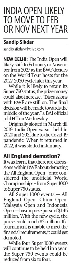 Likely/possible changes from next #BWFWorldTour cycle

👉 India Open will likely move to either Feb/Nov
👉 #AllEngland could become Super 750 event from Super 1000
👉 Super 1000 could become league-cum-KO events
👉 4 Super 750 events from 6

✍️ hindustantimes.com/sports/badmint…