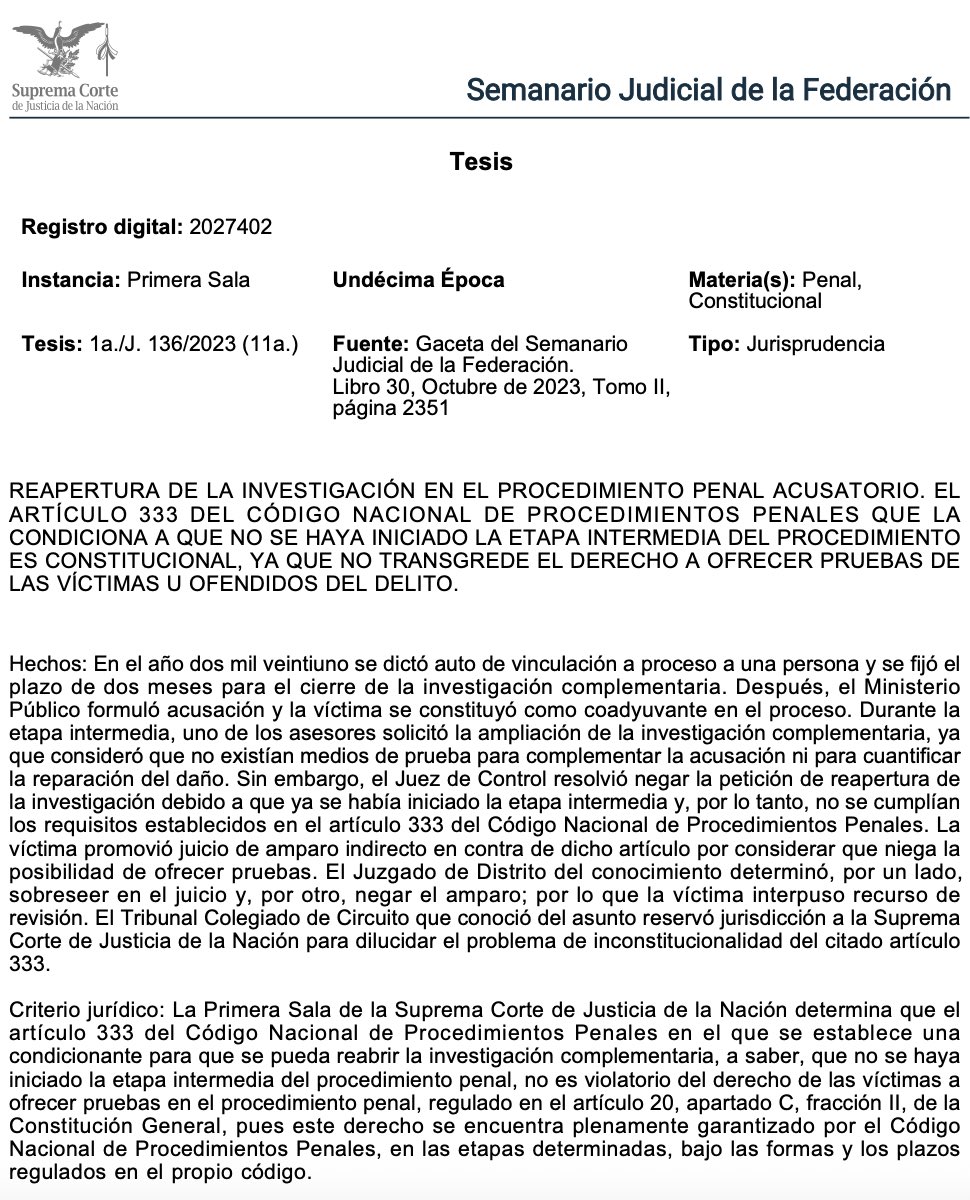 🕵️‍♀️ ¿Se puede reabrir la investigación cuando ya empezó la etapa intermedia?

 La respuesta es clara: no, y eso no viola los derechos de la víctima ⚖️.

La Suprema Corte dijo que el artículo 333 del CNPP es constitucional, porque poner un límite a la reapertura de la