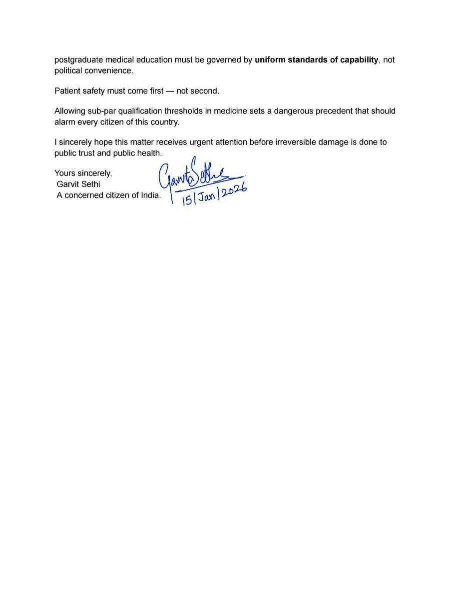garvit_sethii's tweet photo. 🚨🚨Wrote a letter to the President @rashtrapatibhavan to stop admission process of NEET-PG Categories with at –40/800 cutoff.

To,

The Hon'ble President of India
Rashtrapati Bhavan
New Delhi - 110004

‼️Enough of This Social Justice Scam‼️

Introduce a policy on immediate basis to STOP these admissions.

This is violation of Article 21 (Right to Life) of the Indian Constitution & cannot be compromised for so called Social Justice.