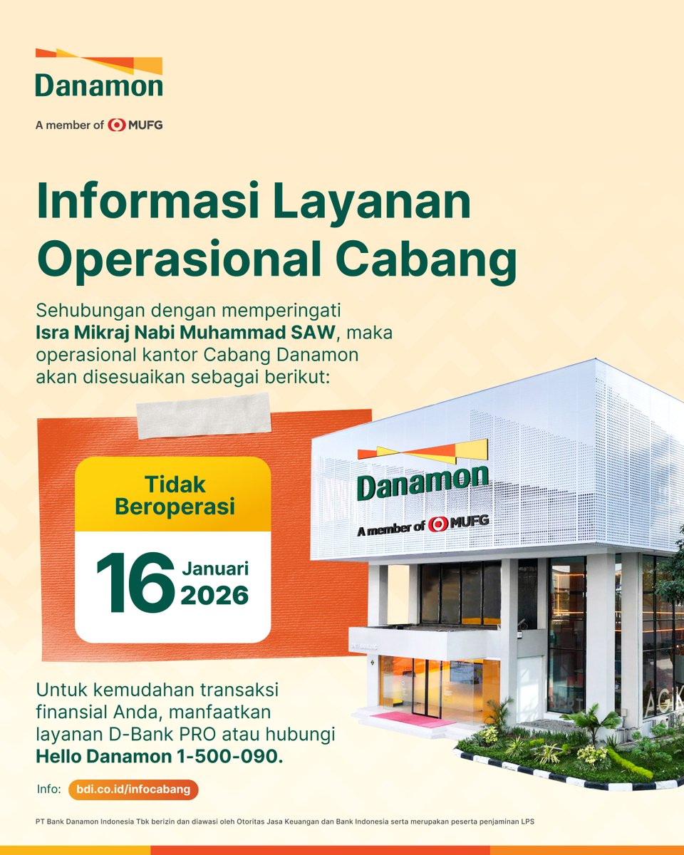 danamon's tweet image. Sehubungan dengan memperingati Isra Mikraj Nabi Muhammad SAW, berikut disampaikan informasi layanan operasional Cabang Danamon.

Gunakan mobile banking D-Bank PRO by Danamon untuk kemudahan transaksi finansial Anda!

Info: bdi.co.id/infocabang
#Danamon #TumbuhBersamaDanamon