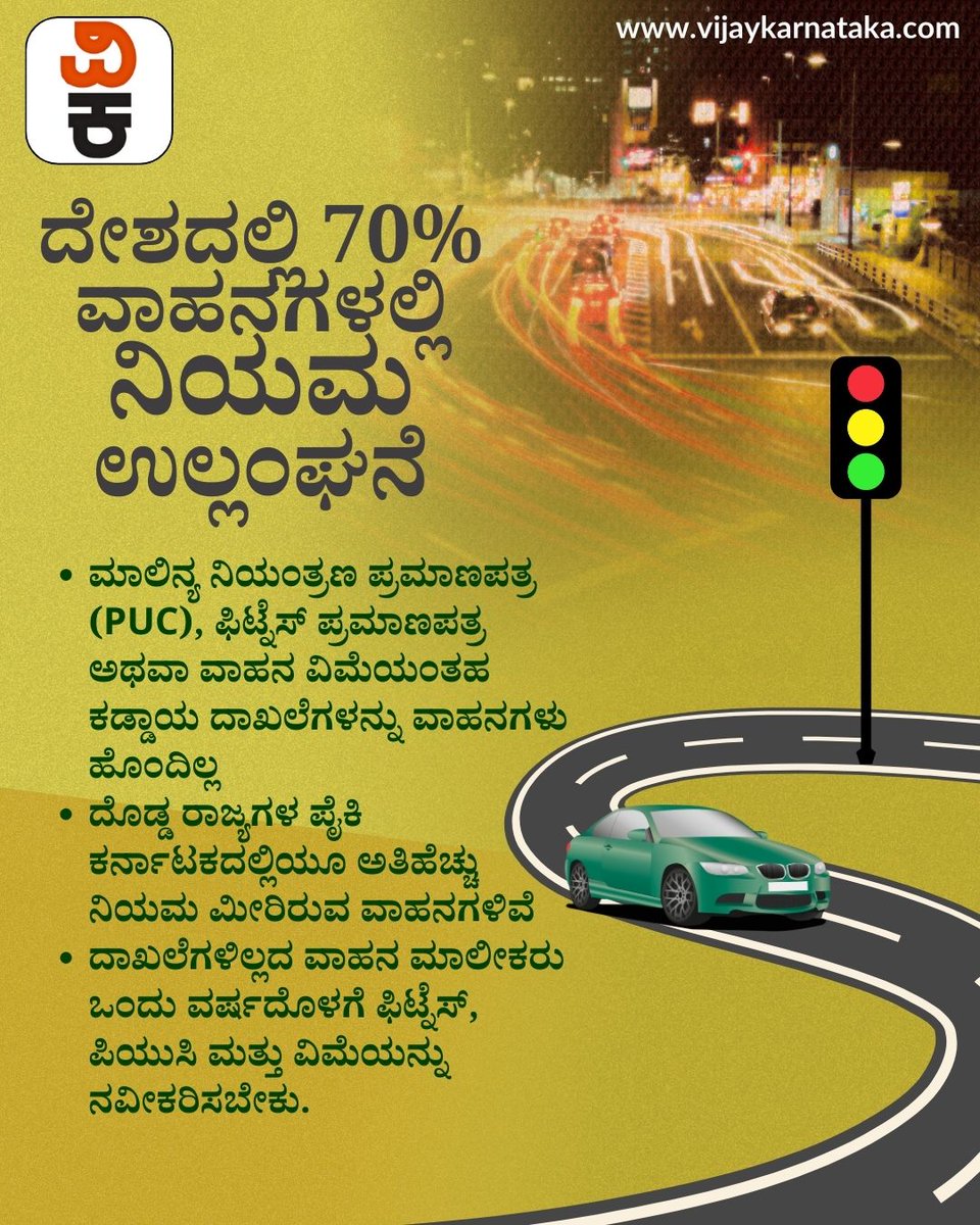 Vijaykarnataka's tweet photo. ದೇಶದಲ್ಲಿ 70% ವಾಹನಗಳಲ್ಲಿ ನಿಯಮ ಉಲ್ಲಂಘನೆ, ಕರ್ನಾಟಕದಲ್ಲೇ ಗರಿಷ್ಠ: ನೋಂದಣಿ ರದ್ದಾಗುತ್ತೆ ಎಚ್ಚರ!
#TrafficRules #VehicleViolation #KarnatakaTraffic #RegistrationCancel #RTOAlert #RoadSafety https://t.co/IUK0PLSi3d