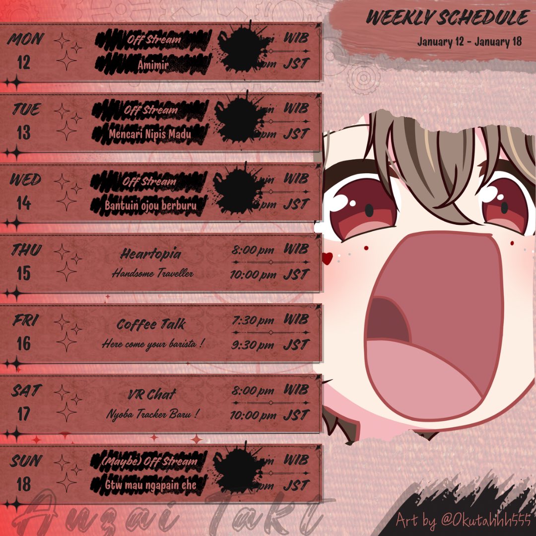 Weekly Schedule 12 - 18 January

Agak telat, tapi gapapa lah ya~~

Fan name ➜ Anjayer's♦️🦋

#️⃣HASTAG #️⃣
General #AnzaiTakt
Live #OnTAKT
Art #SENjay