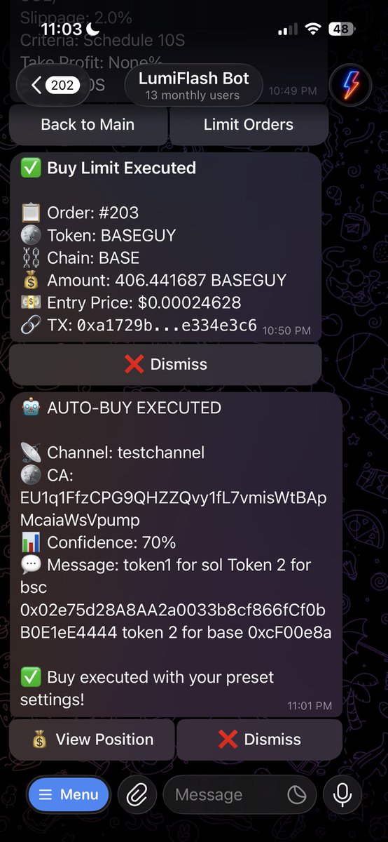 …Limit order executions
Telegram Calls Snipes…

Set your parameters and relax, Lumi Ai’s got you🤖🧡