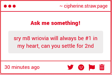 Get this Cretan out of my strawpage! Fake oomf. 

Its fine, it may be number one in your heart but I'll always be number one in Navia's heart and that's all i need.