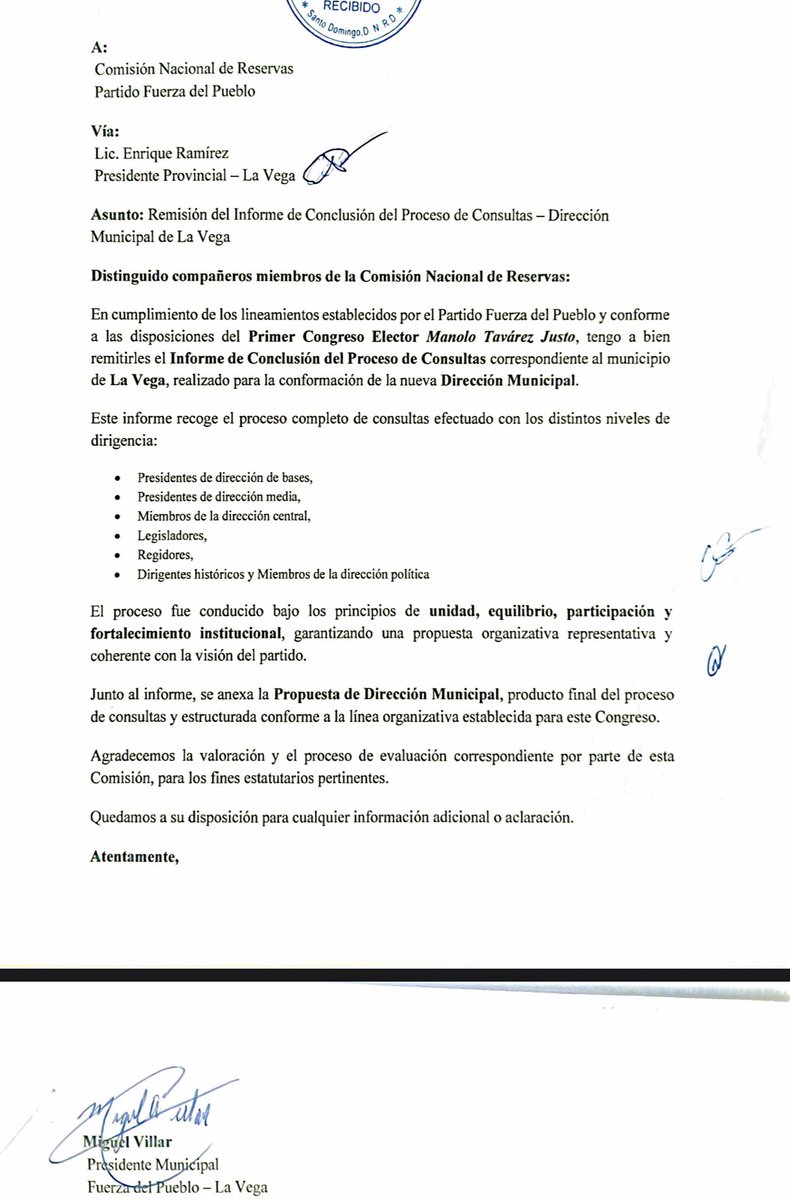 A los compañeros y compañeras de La Vega:

Compartimos la constancia formal de la remisión del informe final del proceso de consultas y consenso para la conformación de la Dirección Ejecutiva Municipal, entregado al Secretario General <a href="/antonioflorian_/">Antonio Florián</a>  y a la Comisión Nacional de