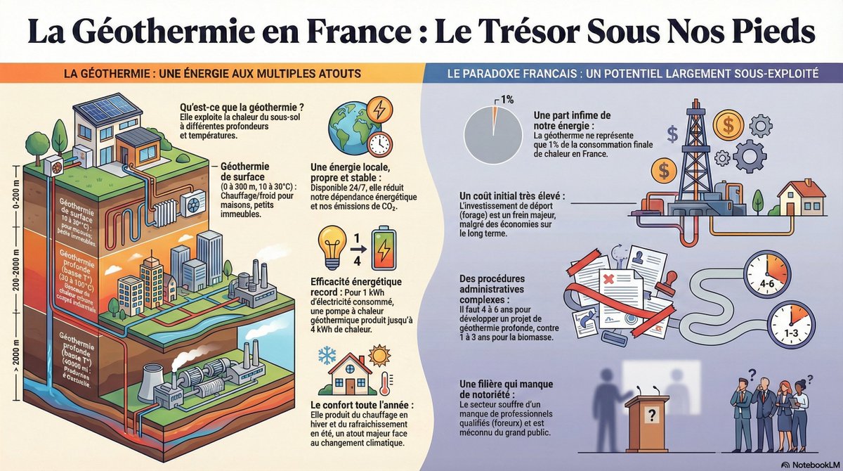 La géothermie, c’est l’énergie idéale sur le papier. Et pourtant, elle représente 1 % de la consommation finale de chaleur en France. La Cour des comptes reconnait que malgré des soutiens publics massifs, elle reste sous-développée, mal pilotée, engluée dans un maquis