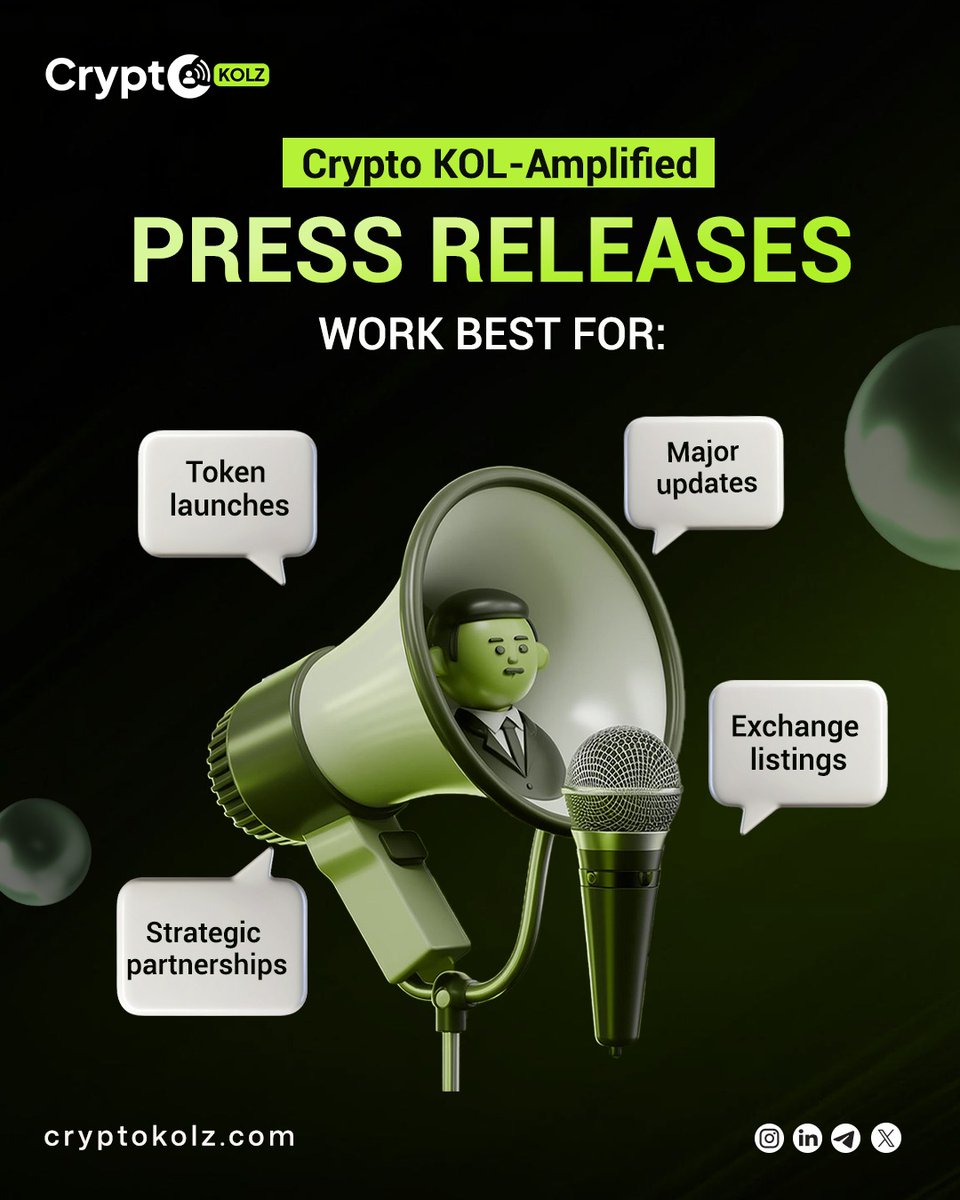 📢 Crypto KOL–Amplified Press Releases Perfect for: • Token launches •  Major updates • Exchange listings • Strategic partnerships Get your news  seen by the right audience. 👉 https://t.co/RQrlIAVHaZ #CryptoPR  #KOLMarketing #Web3 #
