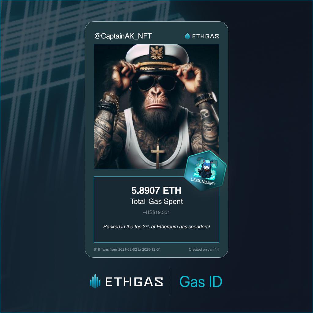 Leveled up in the Great Gas Reckoning with ETHGas! 💪

Legendary Jack status: 5.8907 ETH gas spent, 4000 Beans earned—supporting the Gasless Future!

Claim your Gas ID at ethgas.com/community/gas-…