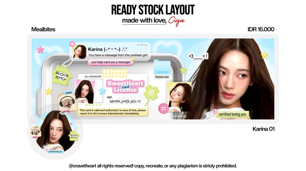 cravetheart's tweet image. bantu repost yaa? thank uu! ‹𝟹

ada 4 layout ready stock winter &amp;amp; karina dari katalog "Mealbites" guysss, 15k/each sudah free retext yh :3

yg mau request juga bisaaa, formnya lewat dm ya cinta 🫶🏻

#zonauang