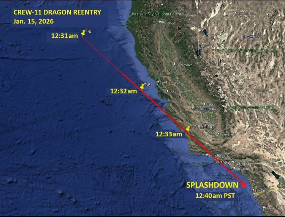 OC_Scanner's tweet image. 🚨CREW-11 LANDING LATE TONIGHT 🚨

LIGHT SHOW OVER SOUTHERN CALIFORNIA EXPECTED 

#LosAngeles / #California 

At approximately 12:30am tonight SpaceX/NASA Crew-11 Dragon Capsule will be making its return off the Southern California Coast. The capsule should be visible over a wide…