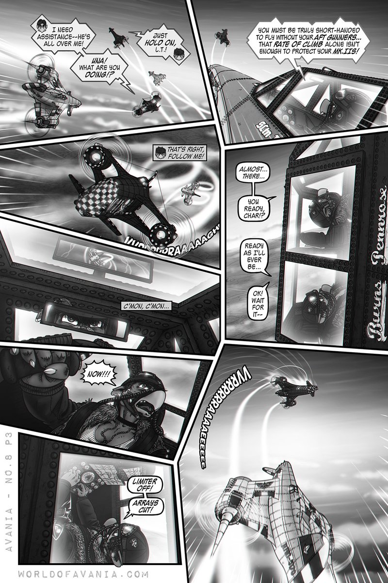 Issue No.8 of my #webcomic Avania, picks up mid-flight where the aerial action left off last time! Faced with skilled opponents, Una and Charlotte attempt a ballsy maneuver... Will fortune favor the bold? Stay tuned!

Avania No.8, Front cover + pages 1-3 worldofavania.com