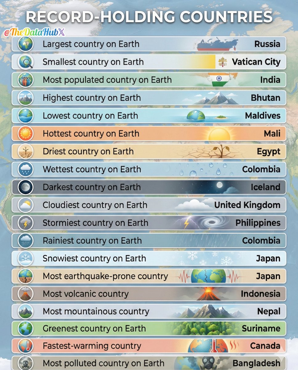 TheDataHubX's tweet image. Record-Holding Countries

1) Largest country on Earth → Russia  
2) Smallest country on Earth → Vatican City  
3) Most populated country on Earth → India  
4) Highest country on Earth → Bhutan  
5) Lowest country on Earth → Maldives  
6) Hottest country on Earth → Mali  
7)…