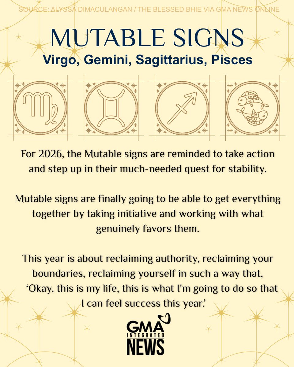 gmanews's tweet image. HERE’S YOUR ZODIAC GUIDE FOR 2026 ✨

According to a general tarot reading, 2026 will be a productive year with new jobs and new beginnings, "wherein we do choose ourselves."

But what does this new year have in store for your Zodiac sign?

Read more: gmanetwork.com/news/lifestyle…
